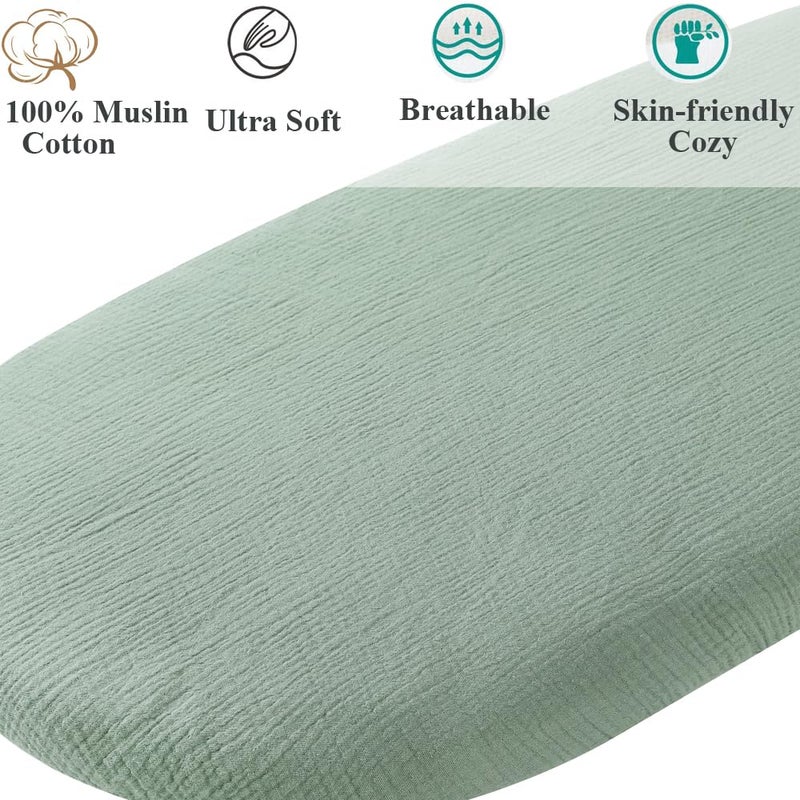 Fadacudan Muslin Bassinet Sheet Compatible with AMKE 3 in 1 Bassinet(35 X 20), Milliard, Bellababy, TCBunny Bassinet, 2 Pack Cotton Stylish Boho Fitted Bassinet Sheets for Baby Roman Green & Botanical Leaf - Image 3